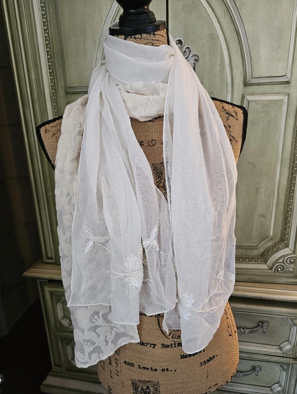 2PC Winter White Beaded Silk & Velvet Burnout (Devore) Scarves by NY&Company